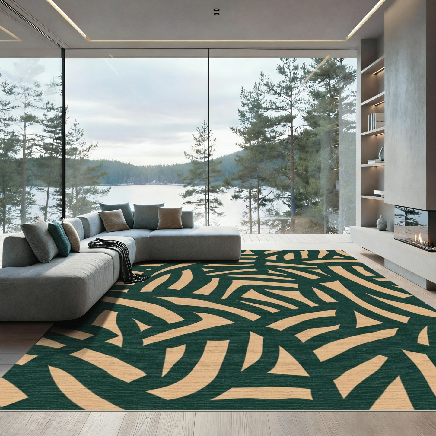 Peachy Curved Lines Emerald Abstract Rug