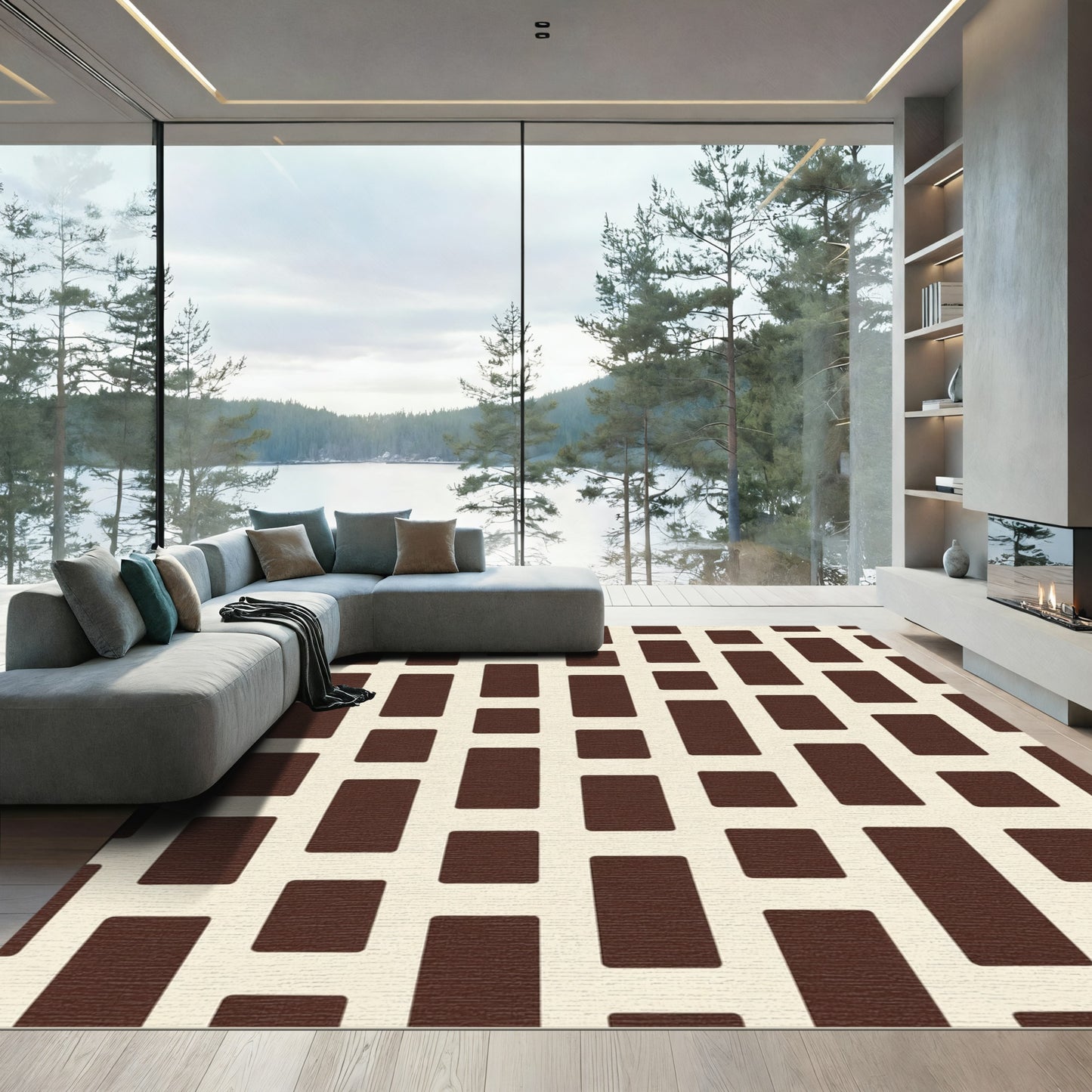 Rich Cocoa Rectangles Grid Rug