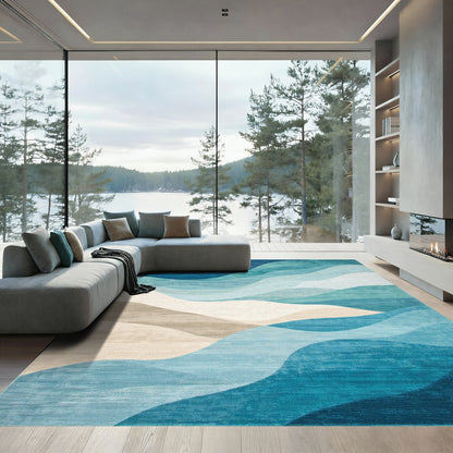 Teal Blue Layered Waves Rug