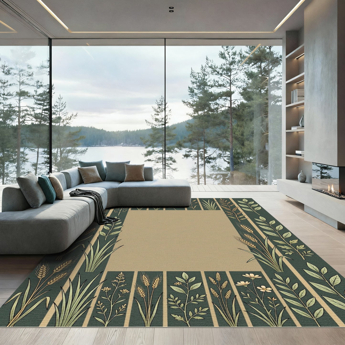 Earthy Botanical Field Border Rug