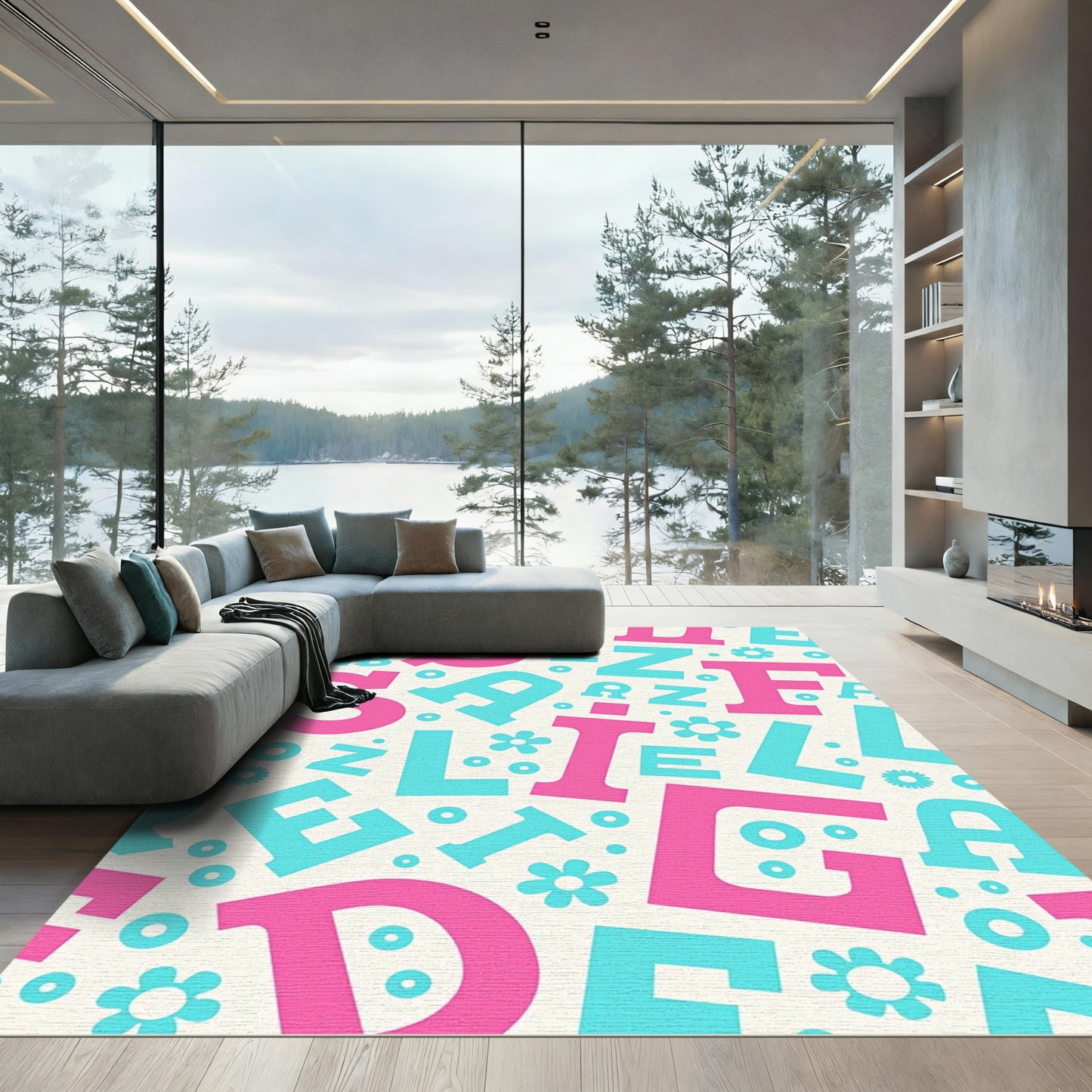 Bold Alphabet Pink Teal Composition Rug