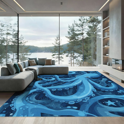 Deep Blue Underwater Octopus Swirl Rug