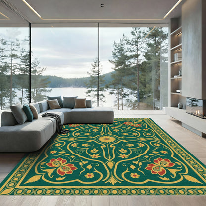 Elegant Red Floral Swirl Emerald Rug