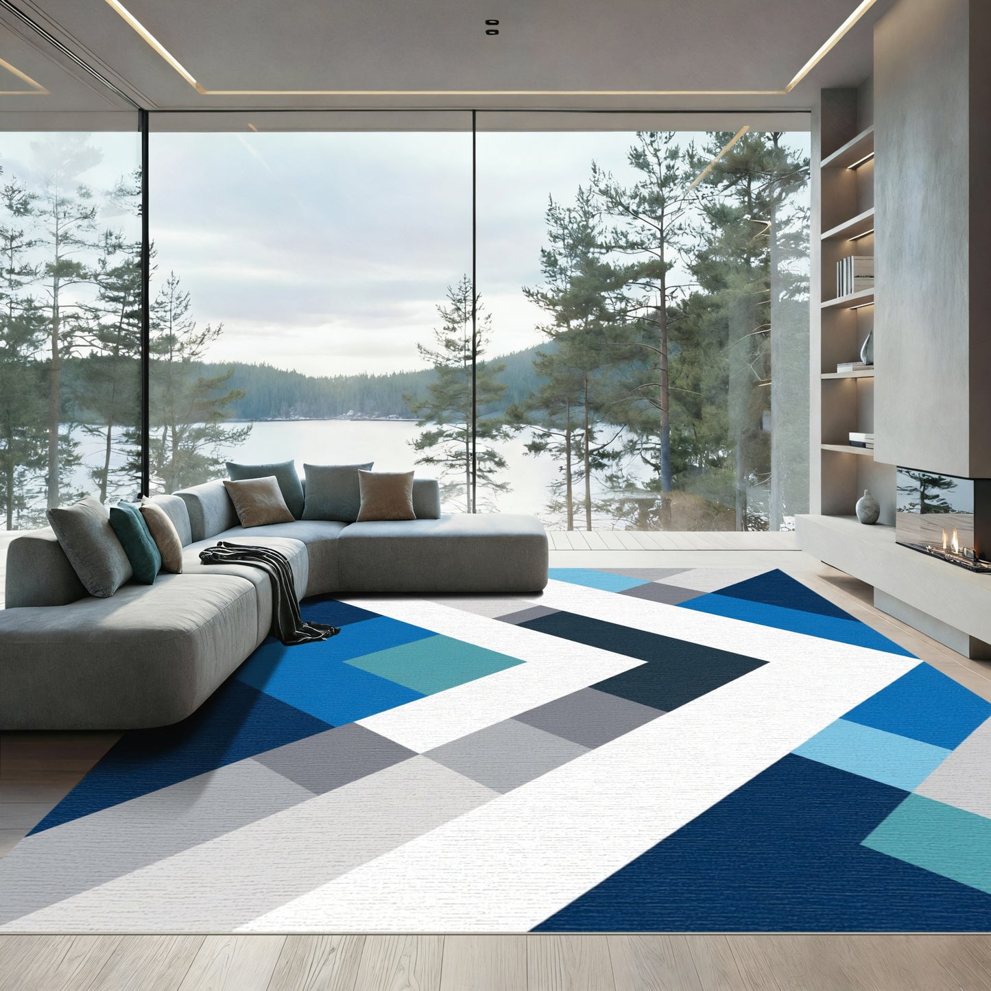 Modern Blue Geometric Chevron Rug