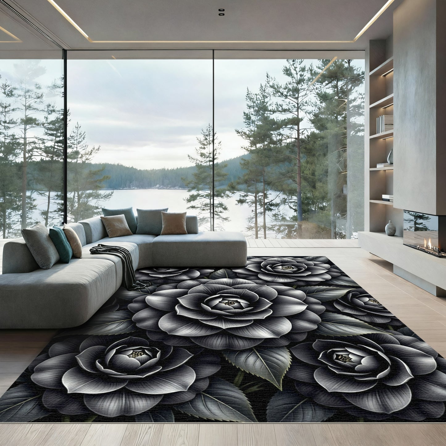 Monochromatic Gray Floral Petal Arrangement Rug