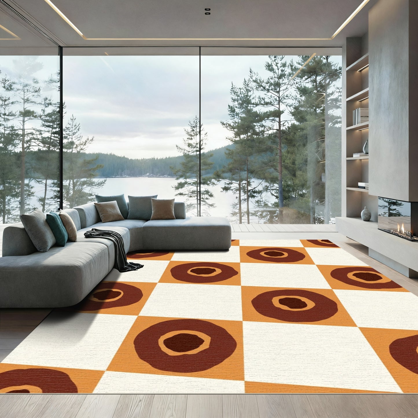 Checkerboard Brown Round Alternating Rug