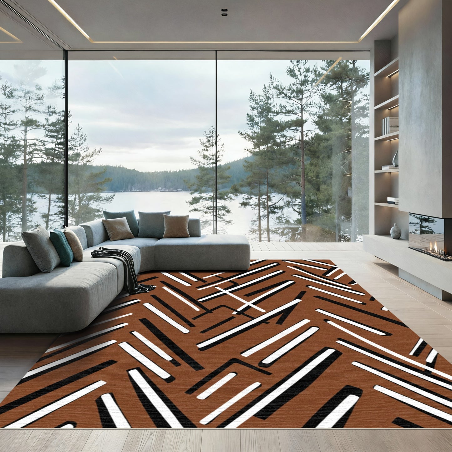 Brown White Black Jagged Stripes Rug