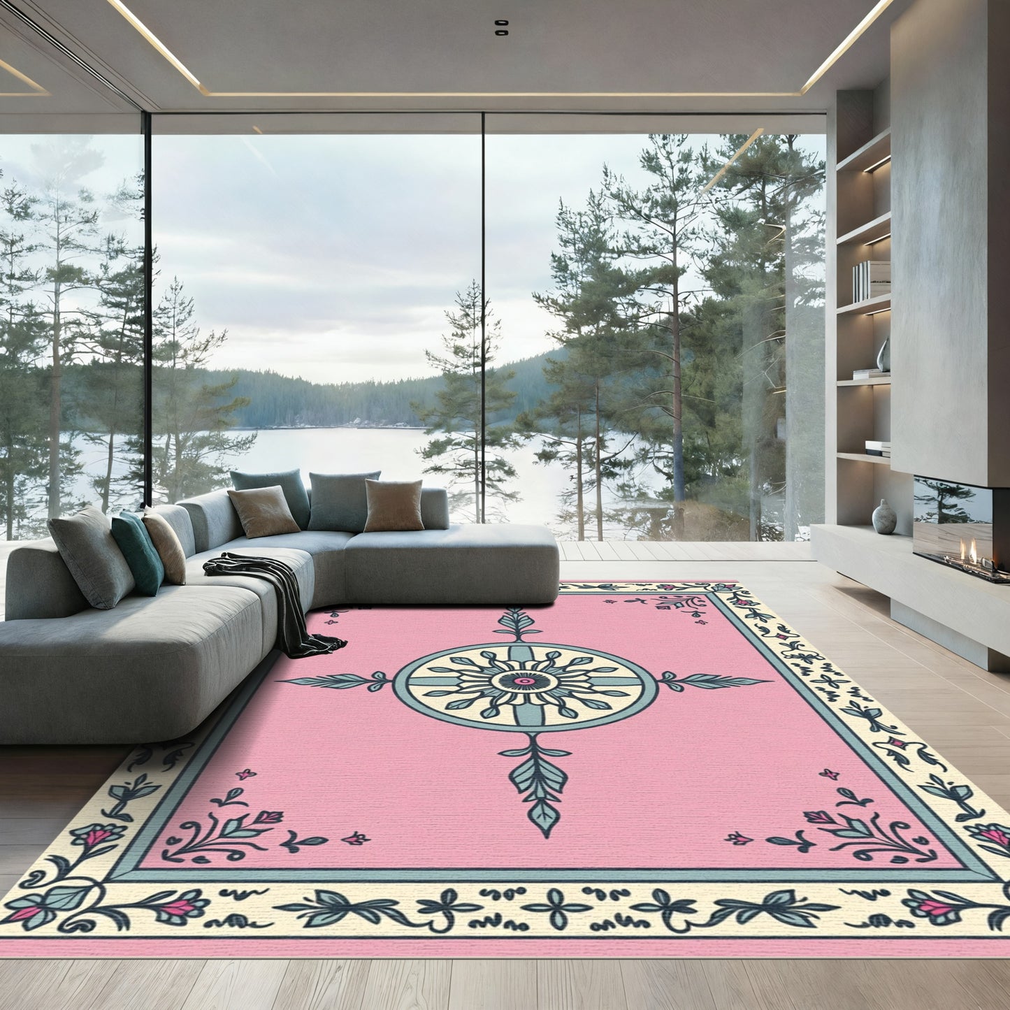 Pink Teal Floral Medallion Border Rug