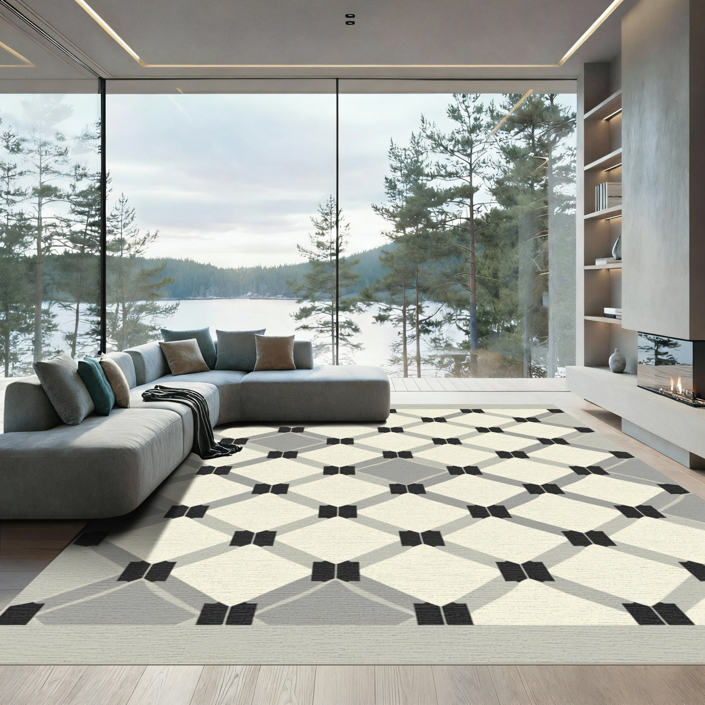 Cream Gray Diamond Interlock Rug