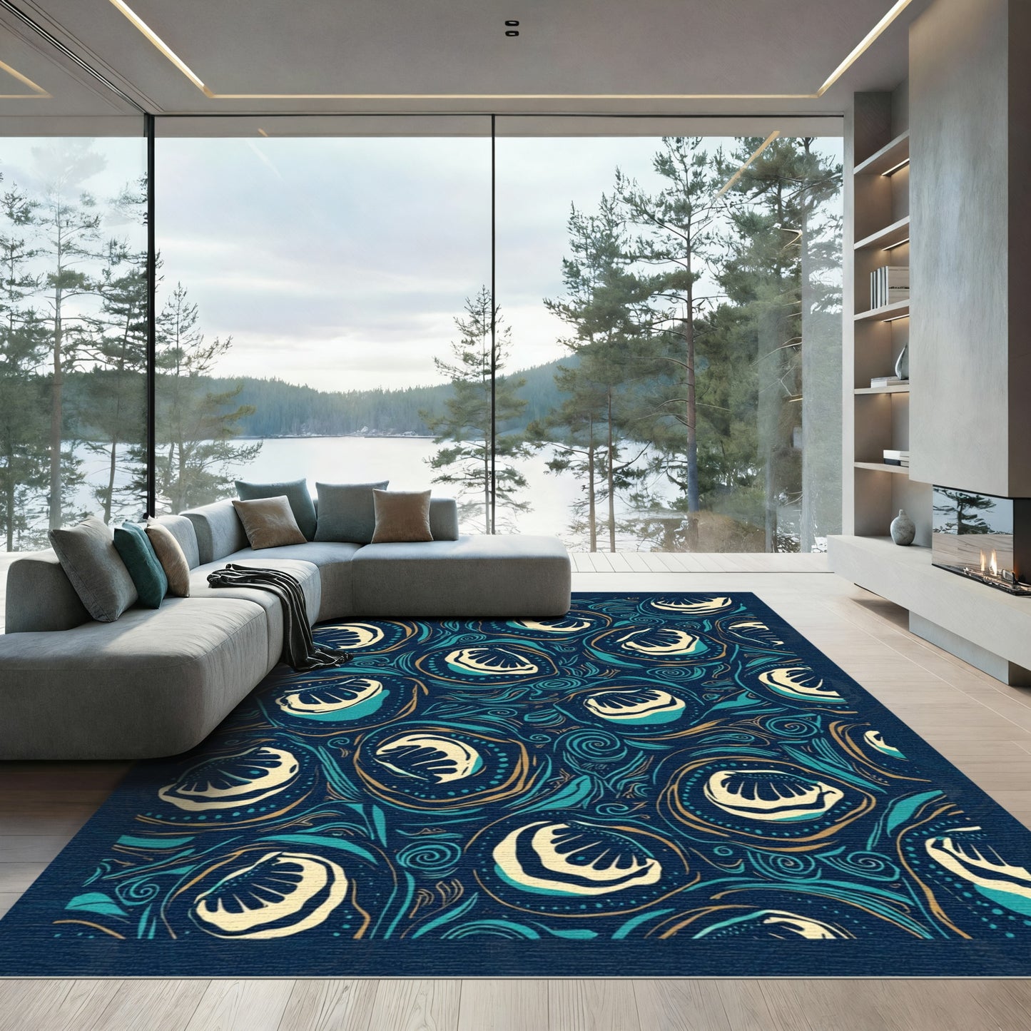 Deep Teal Cream Swirl Organic Rug