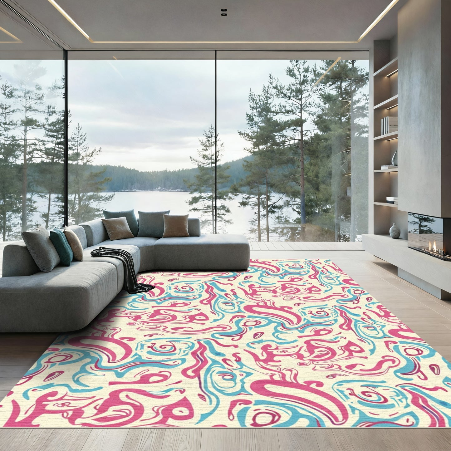 Pink Teal Swirl Abstract Rug