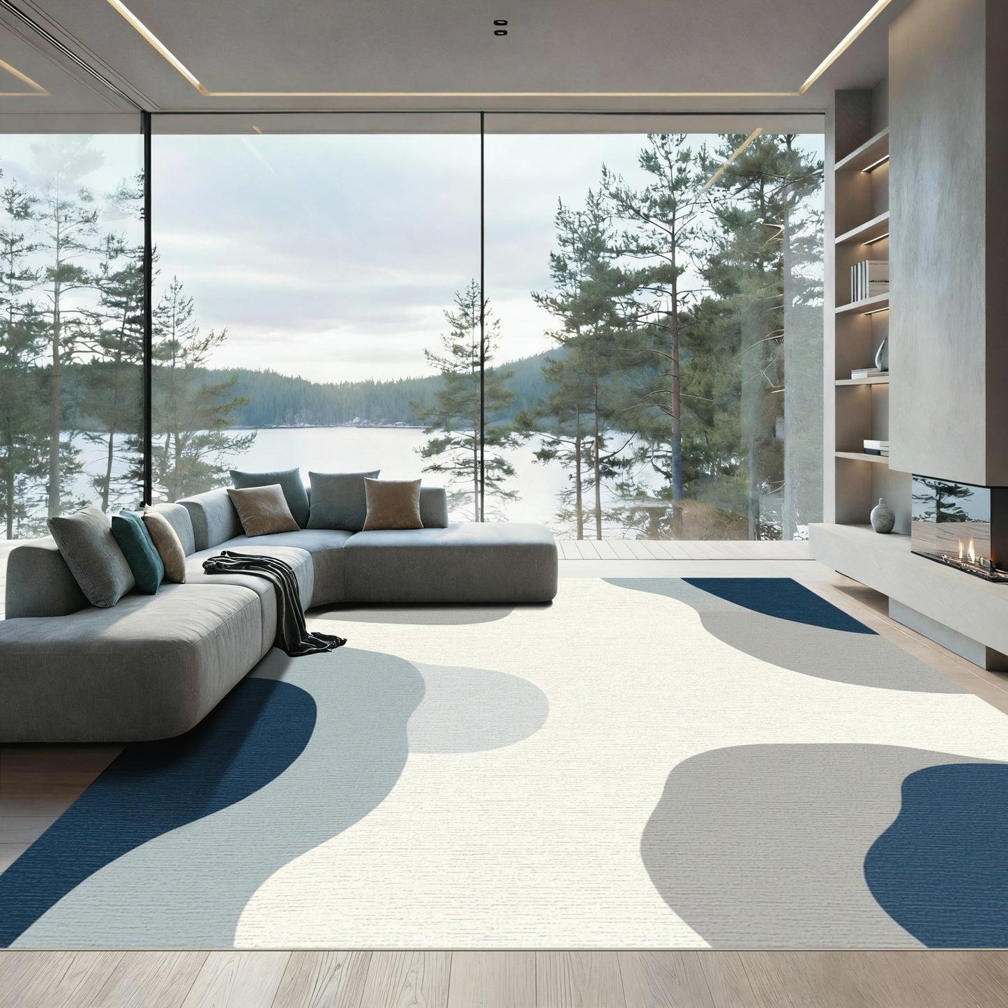 Cool Blue Waves Abstract Rug