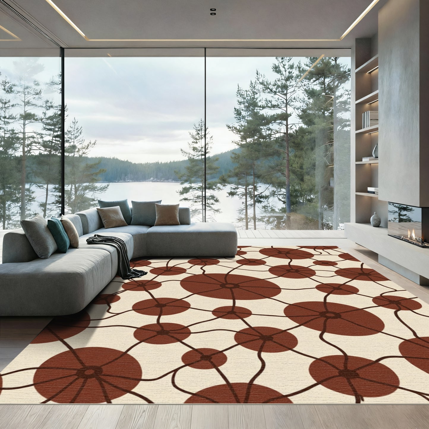 Crimson Circles Abstract Network Rug