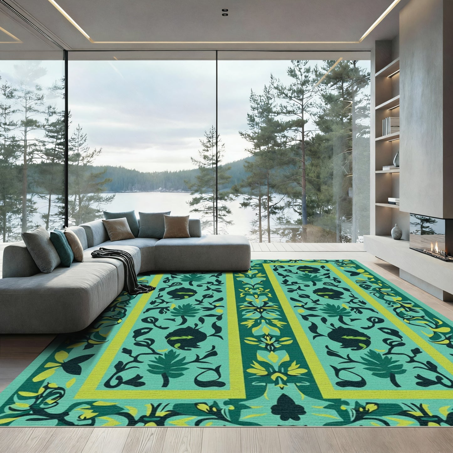 Teal Emerald Floral Botanical Border Rug