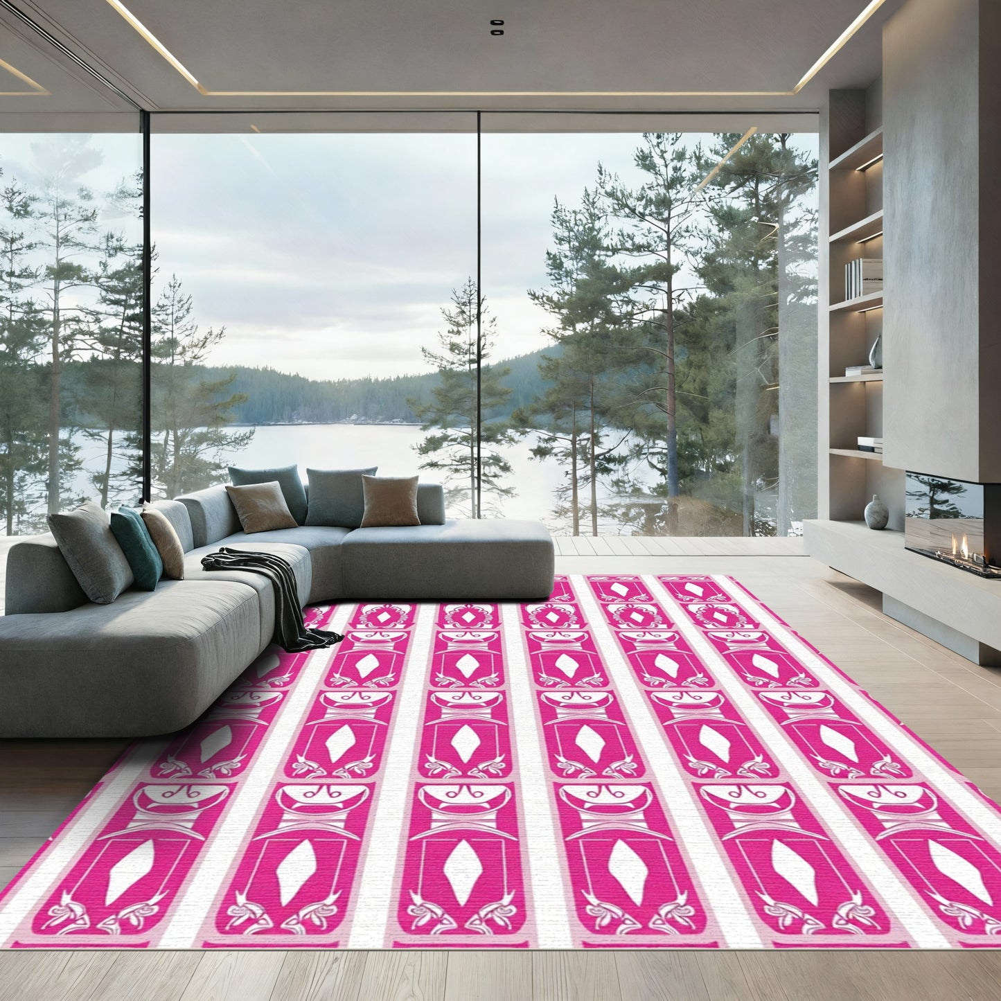 Hot Pink Vertical Ornamental Diamond Rug
