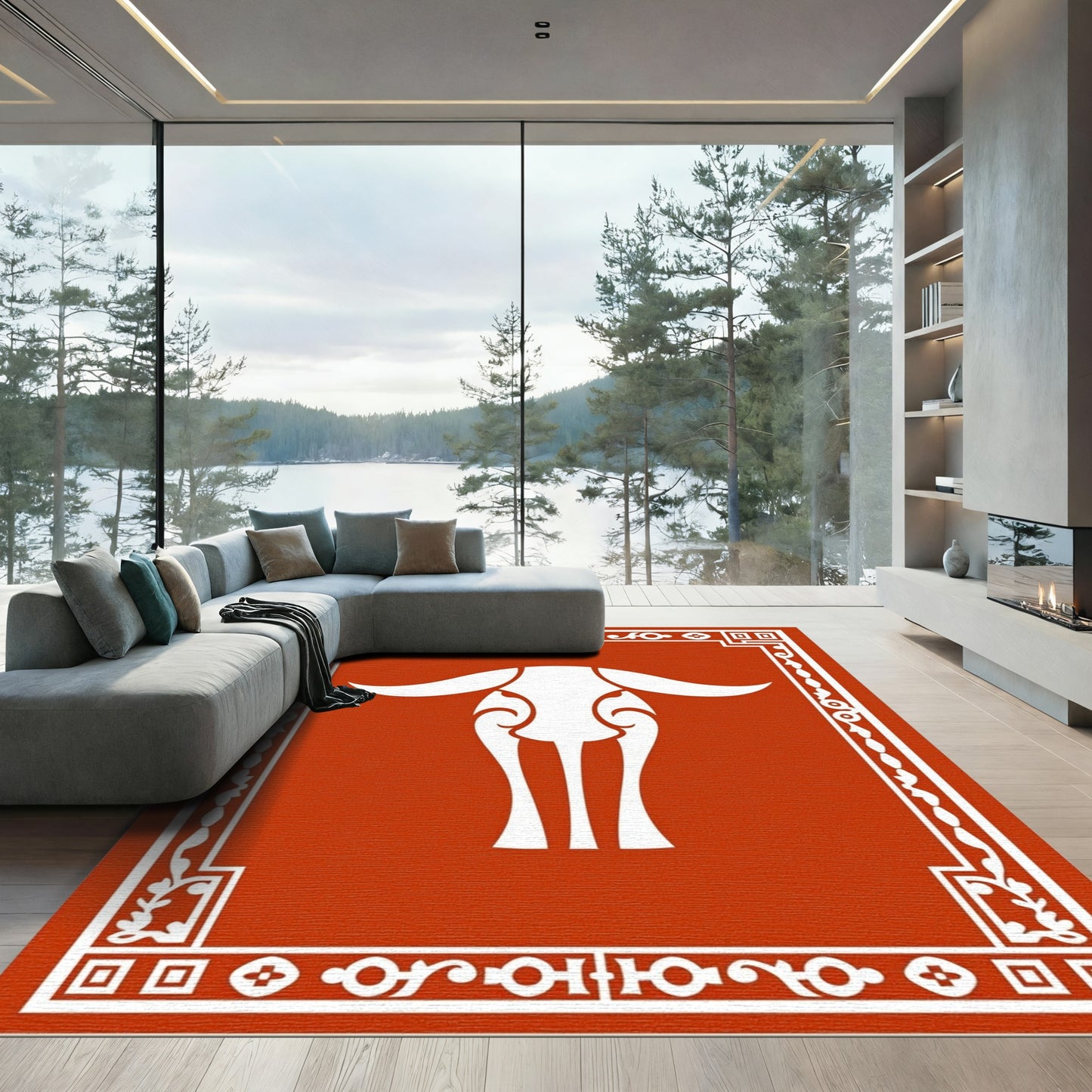 Bold White Bull Tribal Border Rug