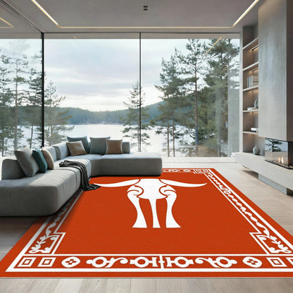 Bold White Bull Tribal Border Rug