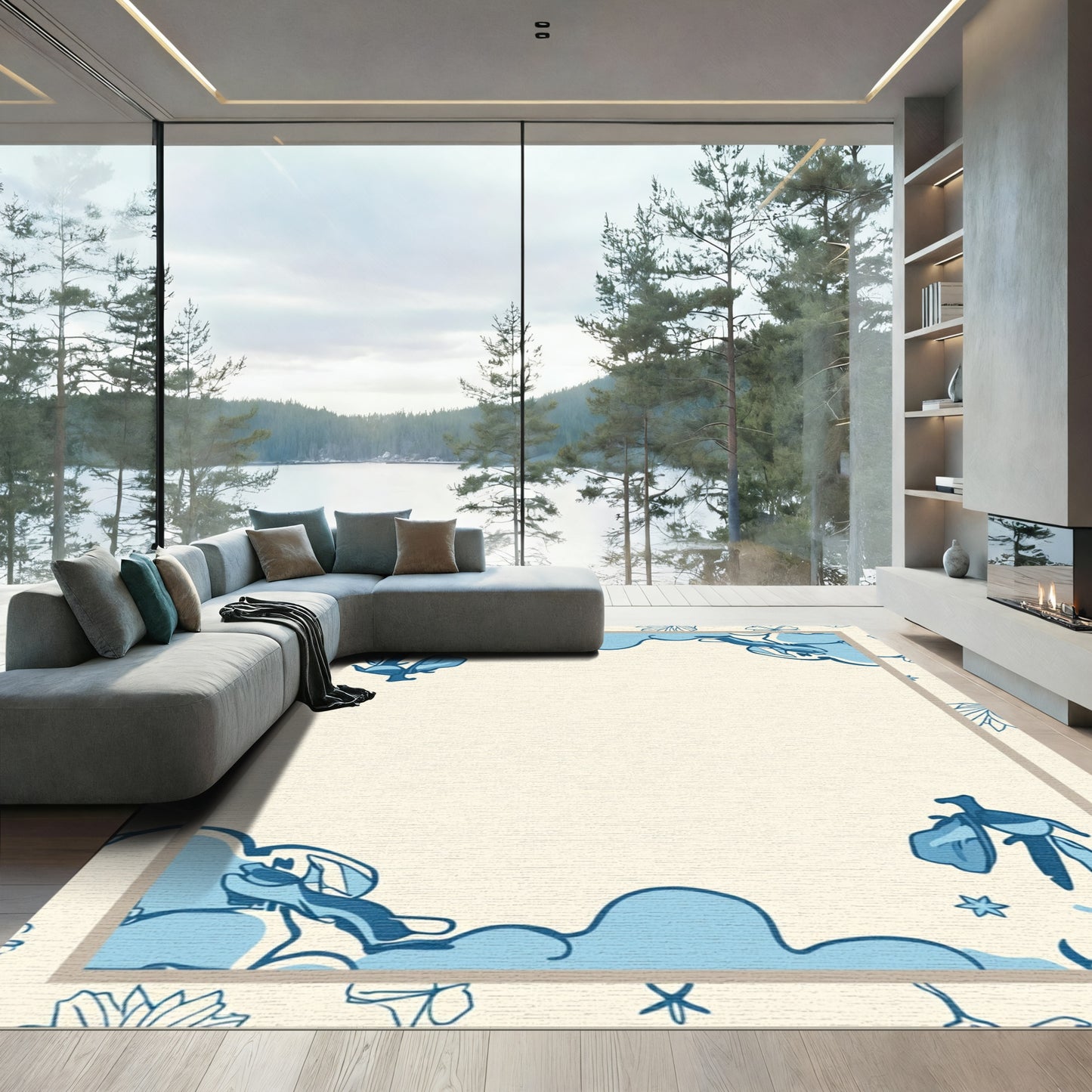 Blue Floral Clouds Border Rug