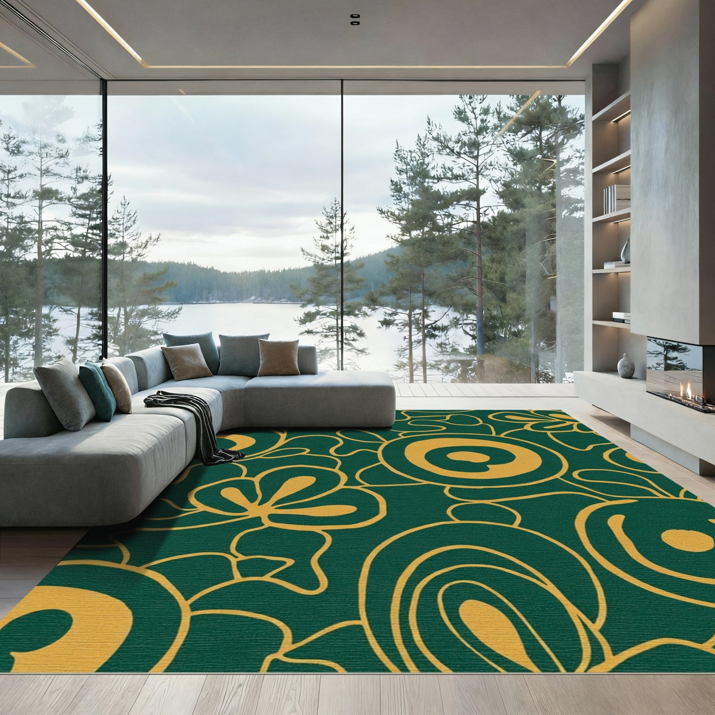 Mid-century Modern Green Gold Swirls Rug