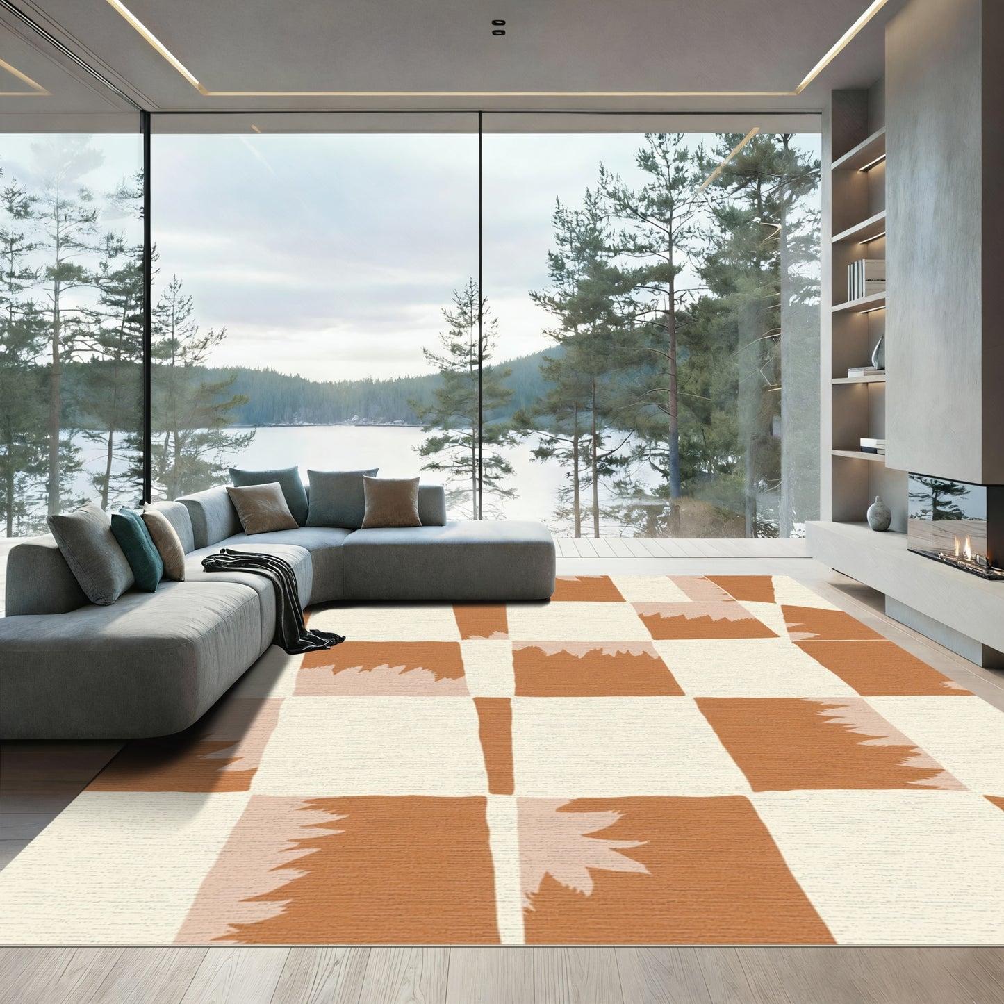 Terracotta Cream Patchwork Squares Rug