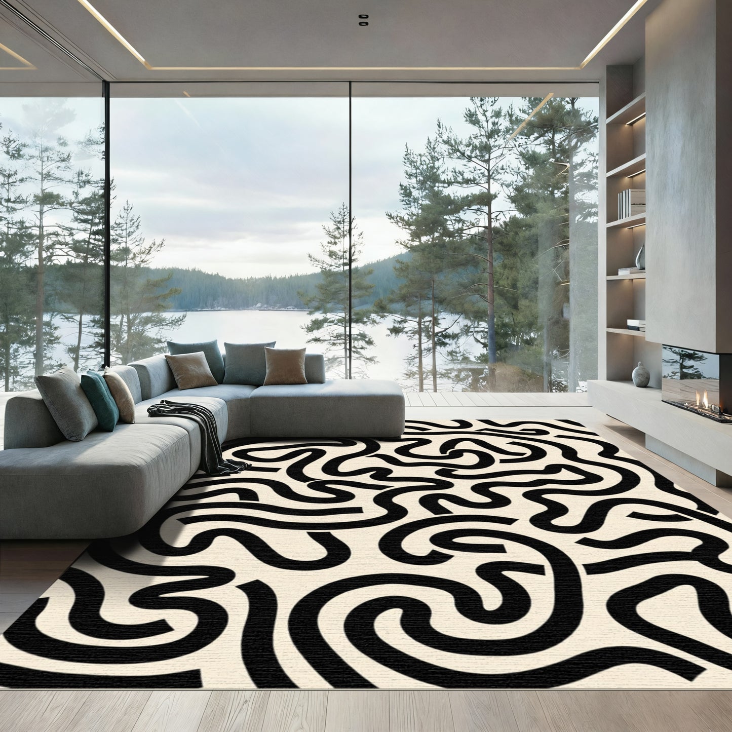 Black Cream Abstract Wavy Lines Rug