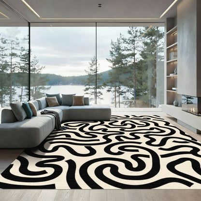 Black Cream Abstract Wavy Lines Rug