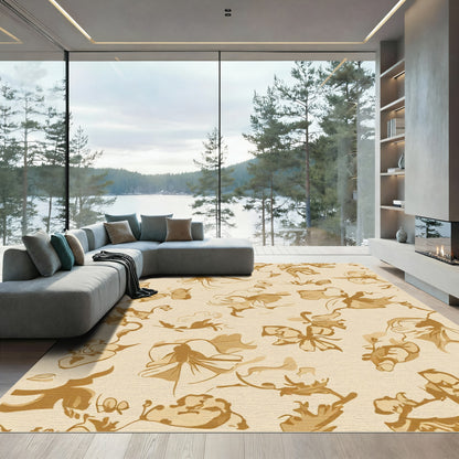 Golden Beige Abstract Floral Swirl Rug