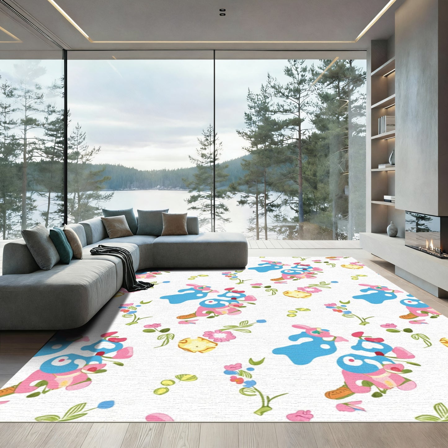 Whimsical Blue Pink Floral Character Rug