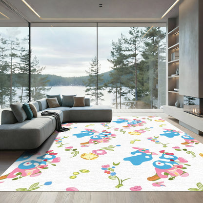 Whimsical Blue Pink Floral Character Rug