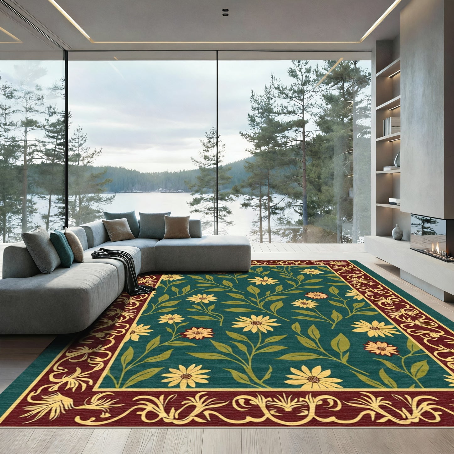 Deep Teal Floral Vine Border Rug