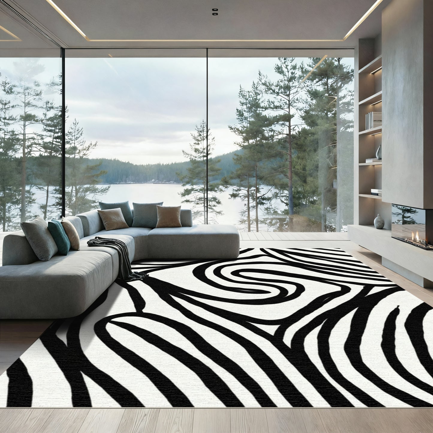 Bold Black White Abstract Stripe Rug