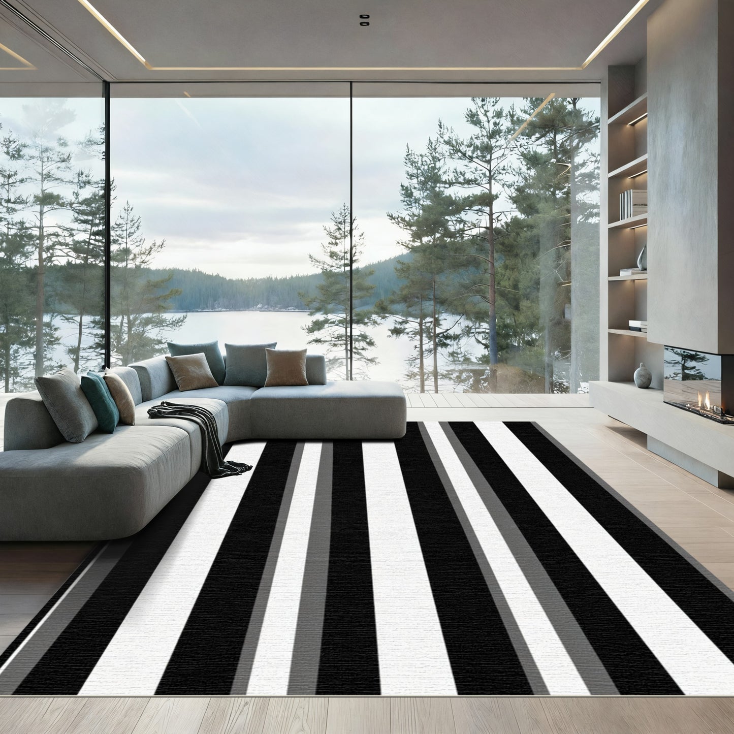 Bold Monochrome Linear Alternating Stripes Rug