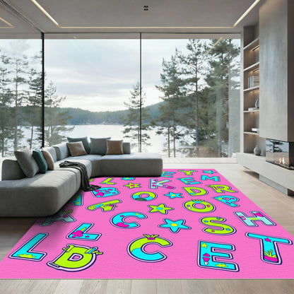 Bright Blue Green Pink Alphabet Collage Rug