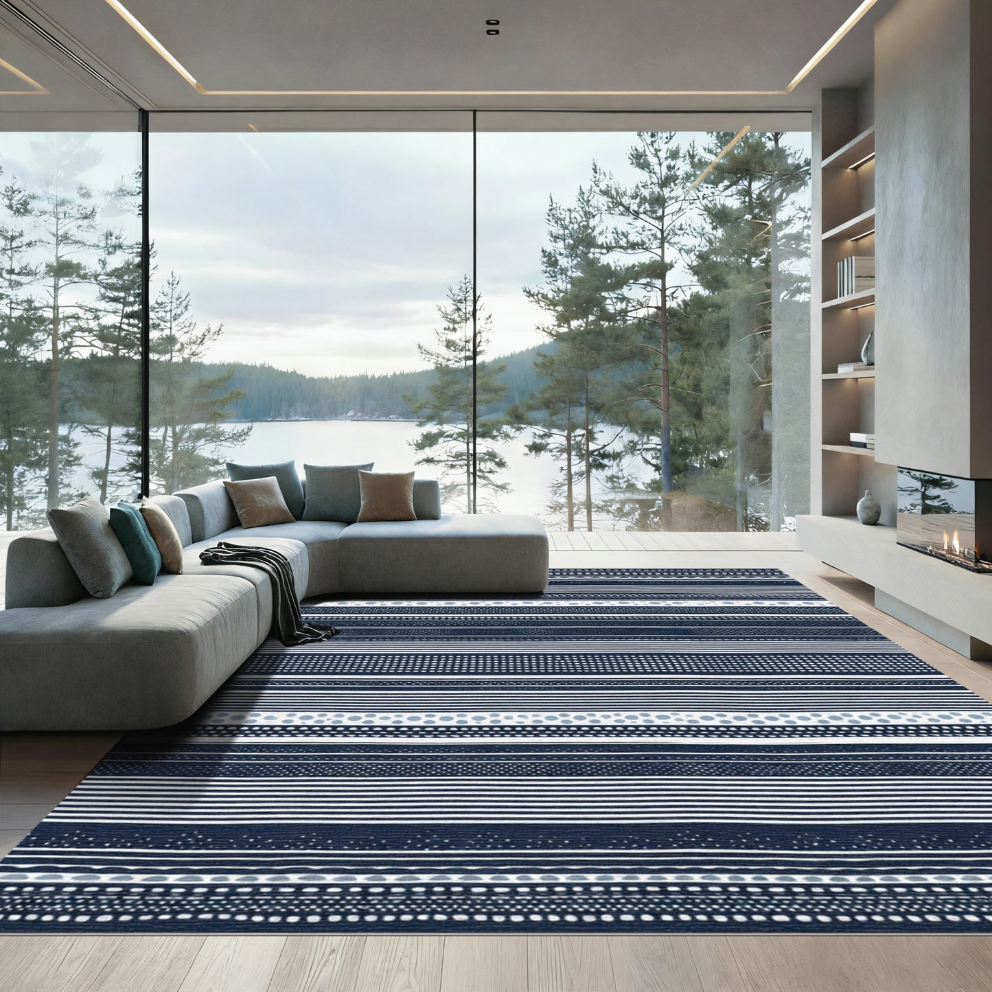 Navy Blue White Striped Dotted BandRug Rug