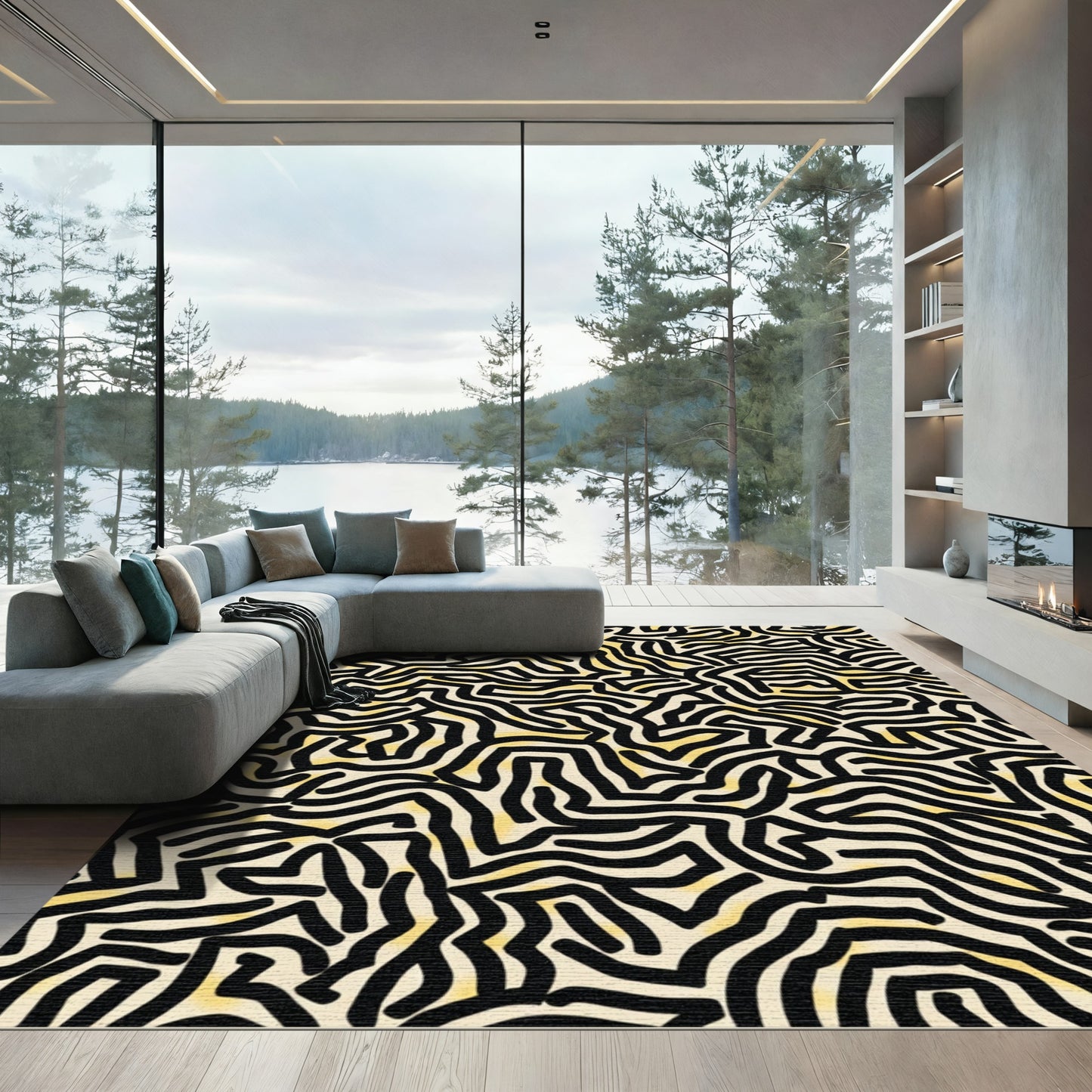 Abstract Black Yellow Winding Lines Rug
