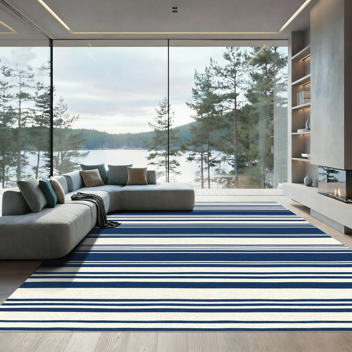 Navy Cream Striped Horizontal Rug