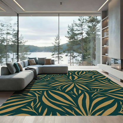Deep Teal Golden Leaf Foliage Rug