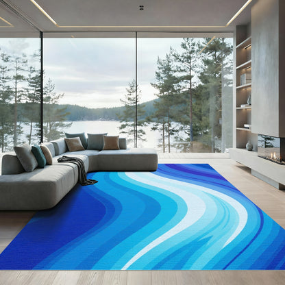 Ocean Blue Wide Curving Stripes Rug