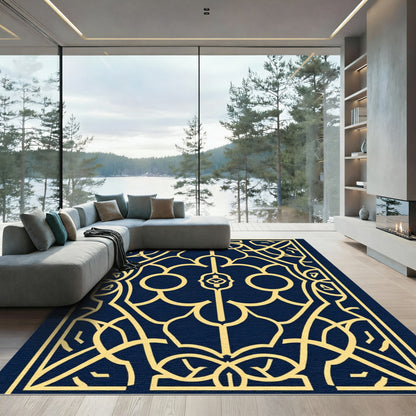 Navy Blue Golden Geometric Lattice Rug