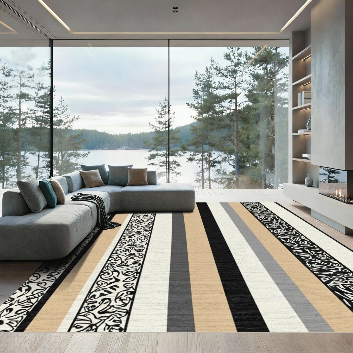 Striped Off White Beige Black Gray Rug