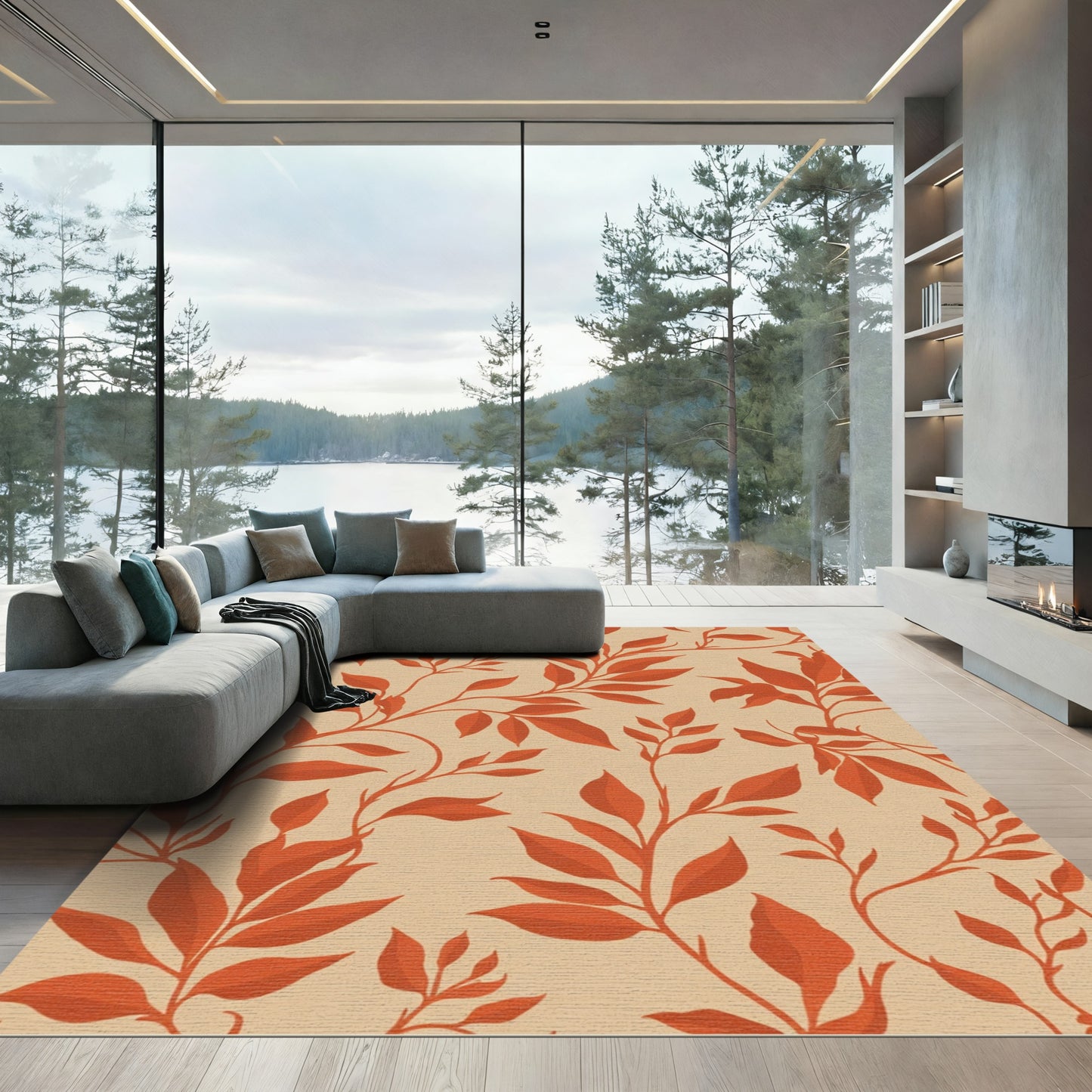 Burnt Orange Leafy Vine Arrangement Rug