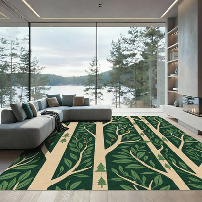 Woodland Forest Trees Orange Dots Rug