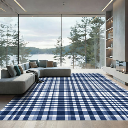 Navy White Tartan Plaid Rug
