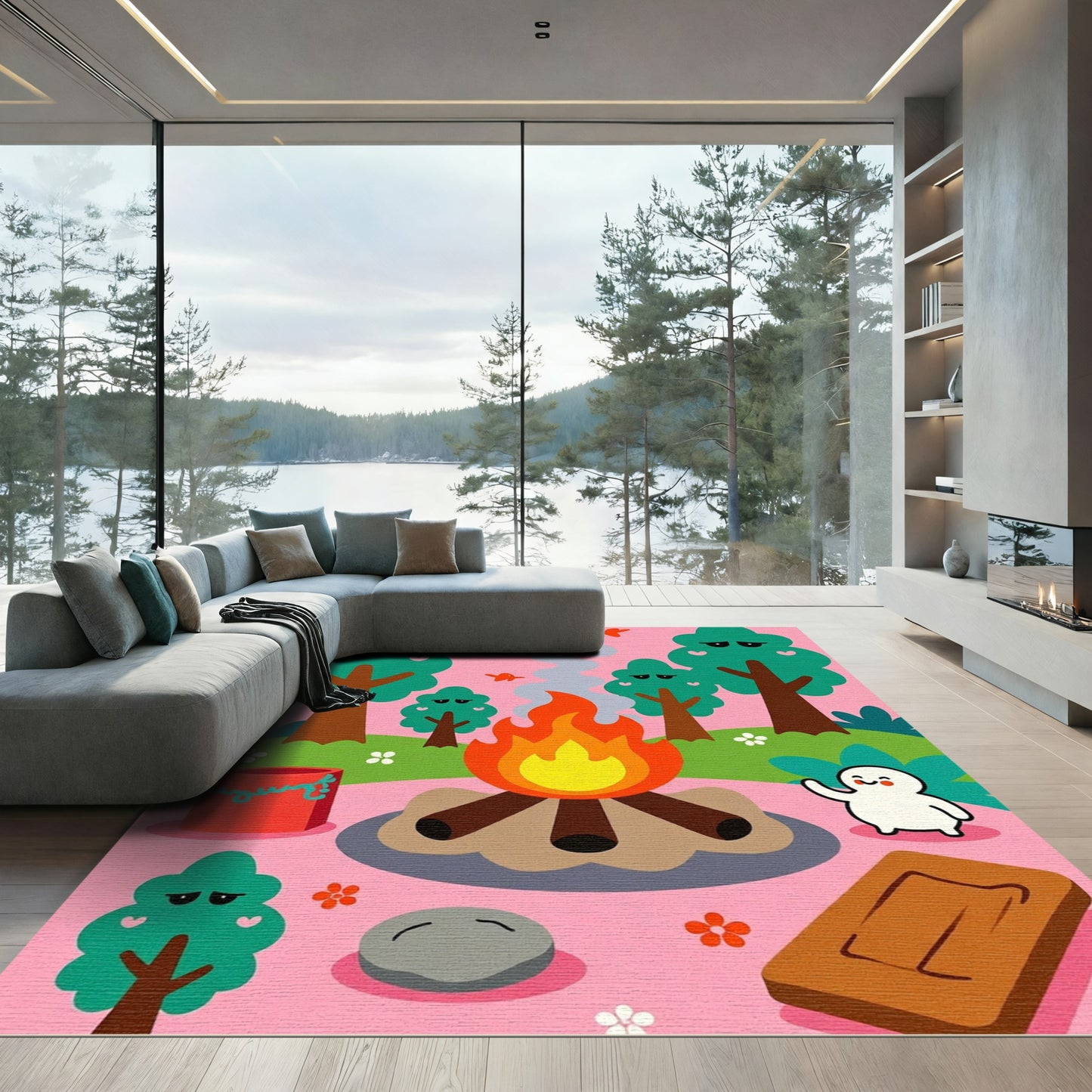 Playful Woodland Bonfire Character Scene Rug