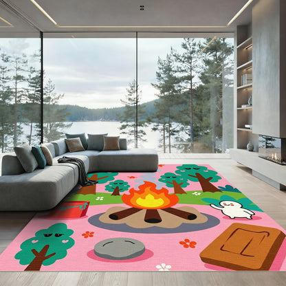 Playful Woodland Bonfire Character Scene Rug