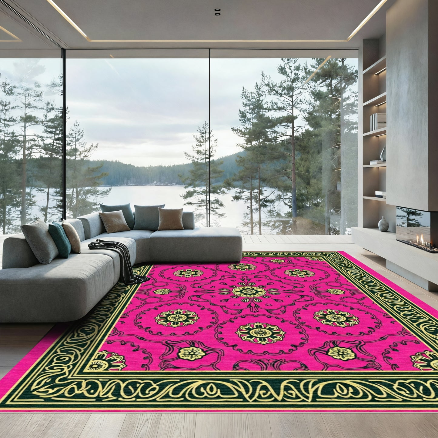 Hot Pink Floral Geometric Border Rug