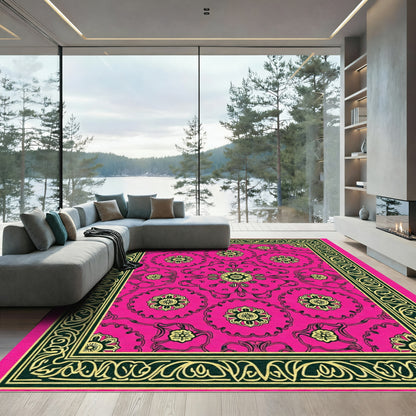 Hot Pink Floral Geometric Border Rug