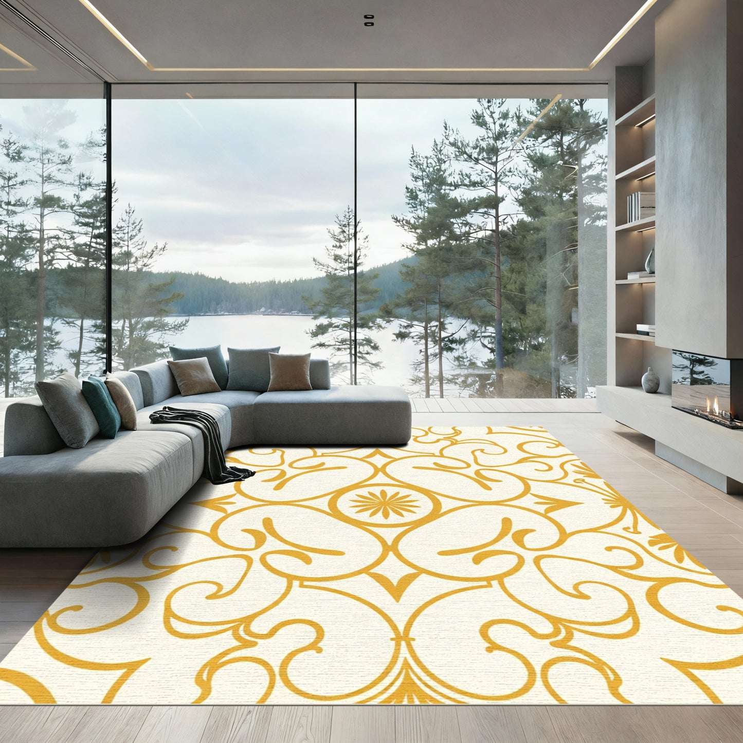 Golden Swirl Arabesque Tile Rug