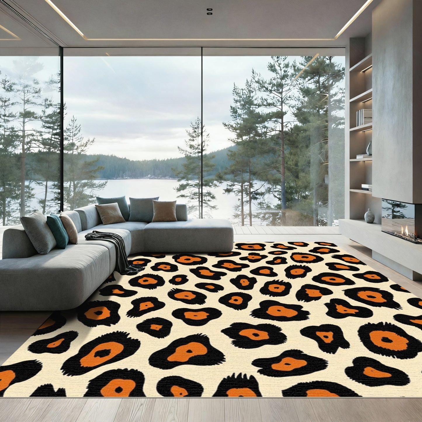 Bold Orange Black Leopard Print Rug
