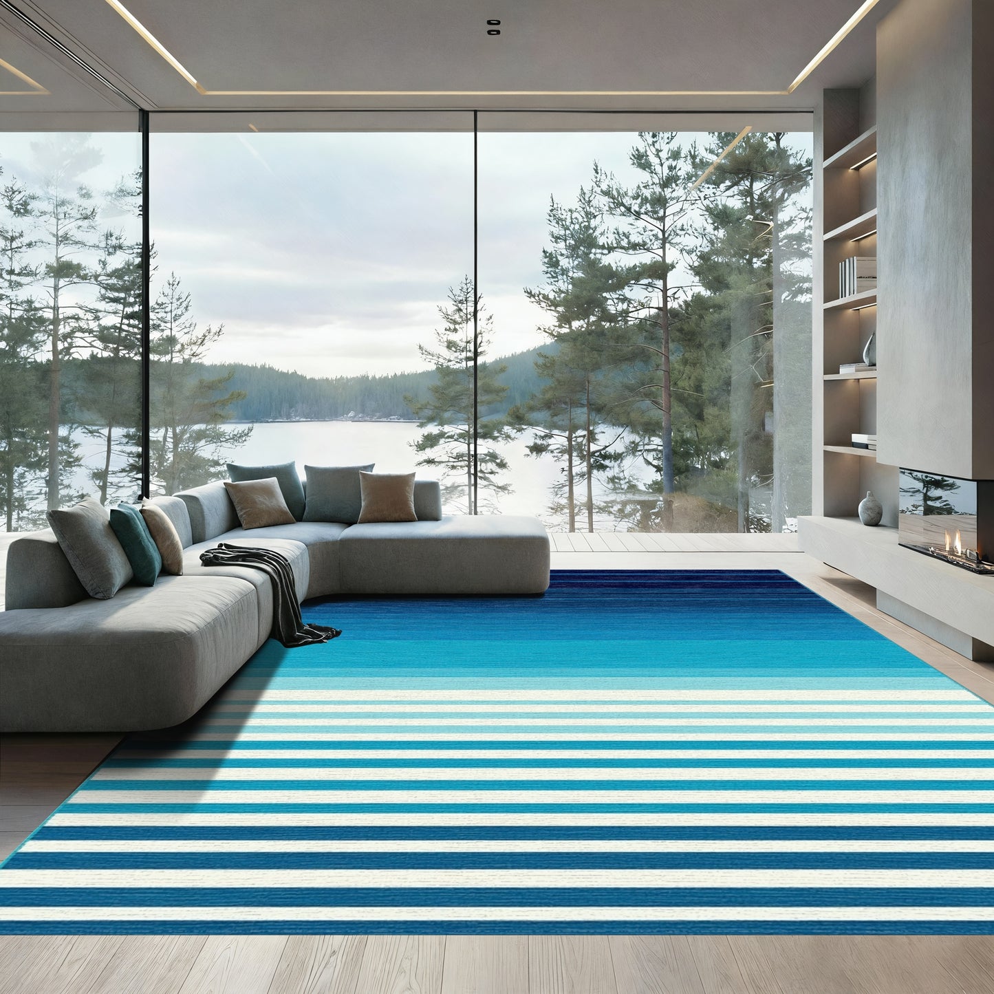 Navy Blue Ombre Striped Rug